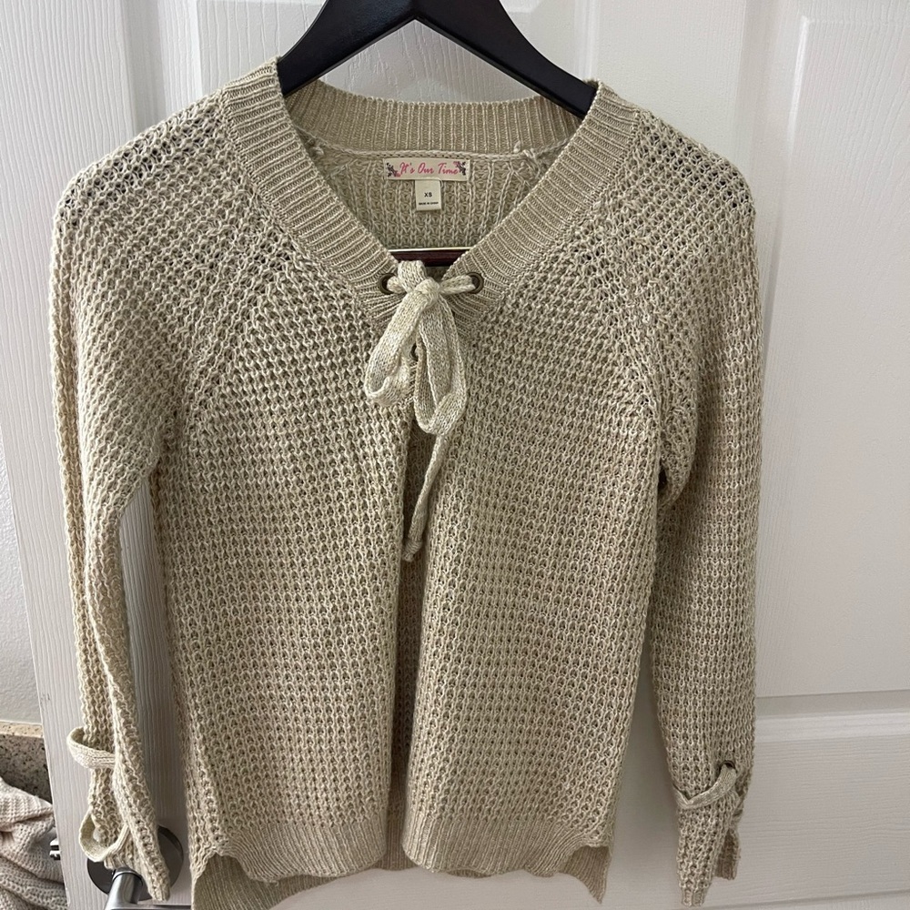 It's Our‎ Time Beige Knit Sweater with Bow Accent